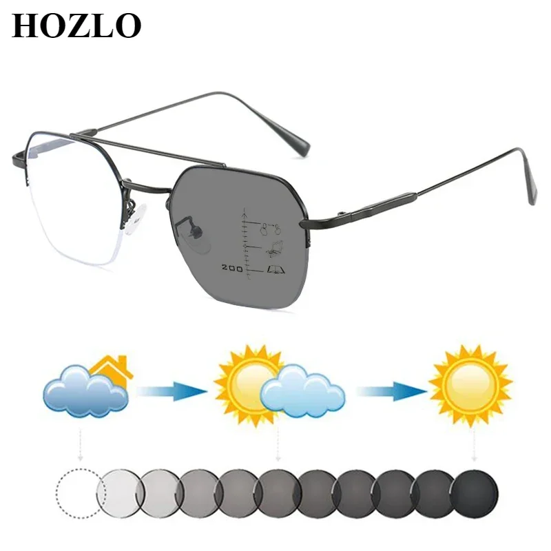 

New Women Alloy Double Bridge Progressive Photochromic Reading Pilot Sunglasses Men Presbyopic Spectacles Driving Travel Fishing