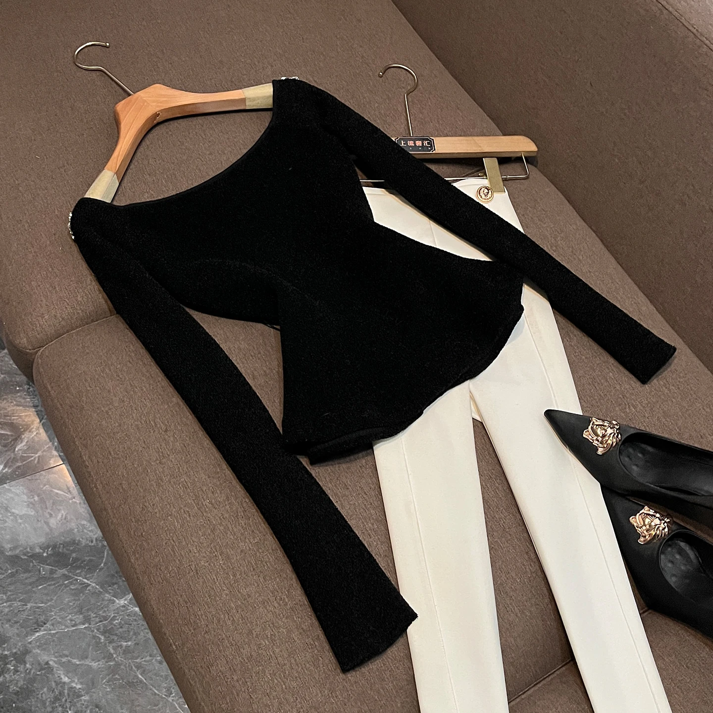 Ele Winter Knitted Long Sve Top de mujer con cinturón Diseño de cintura Un solo hombro Sle Faion Ropa de trabajo Planta Floral Pa...