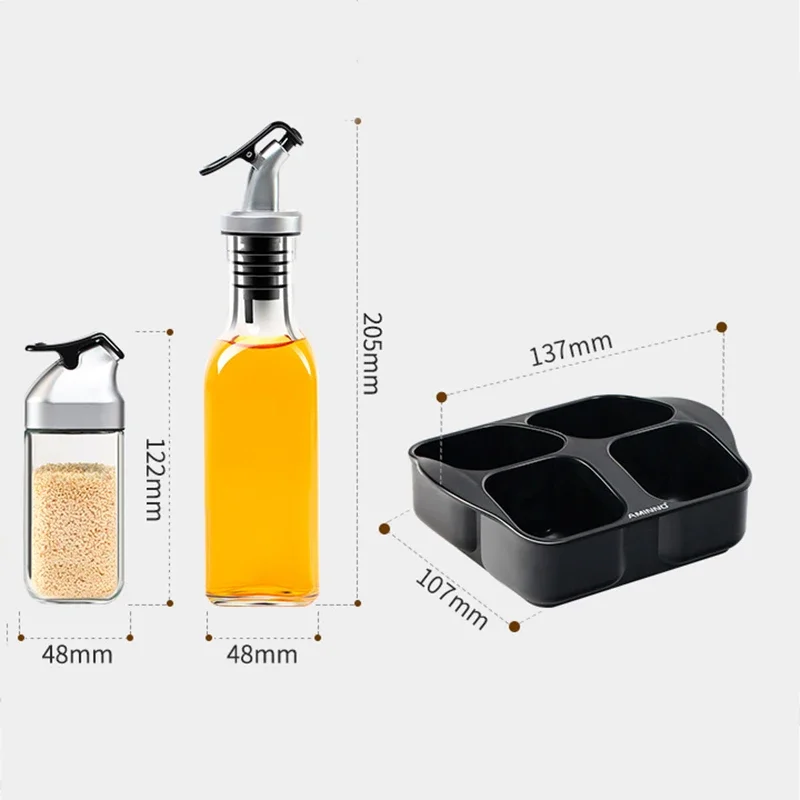 Glass Seasoning Jar Spice Salt Pepper Bottles Leakproof soy sauce vinegar Olive Oil Bottle with Holder Base for Kitchen Storage