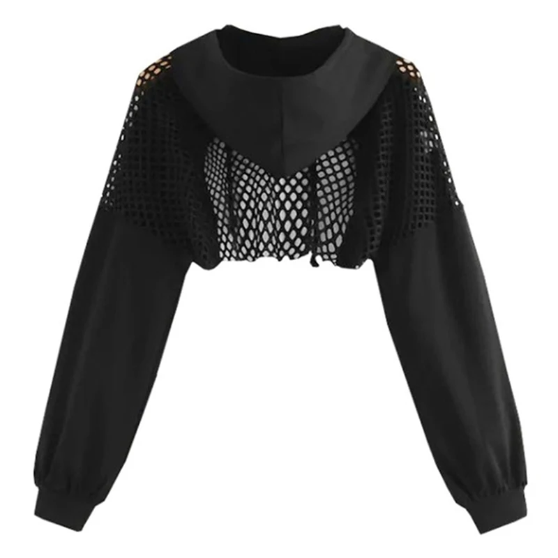 Schwarze Hoodies für Frauen aushöhlen Crop Tops Mesh Patchwork kurzes Sweatshirt Langarm Herbst Tops und Pullover