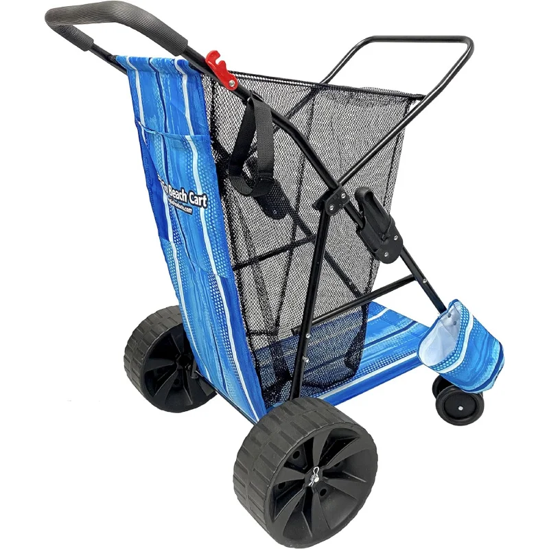 

Beach Cart - Heavy Duty Folding Design - Large Wheels for Sand - Holds 4 Beach Chairs - Storage Pouch - Beach Umbrella Holder