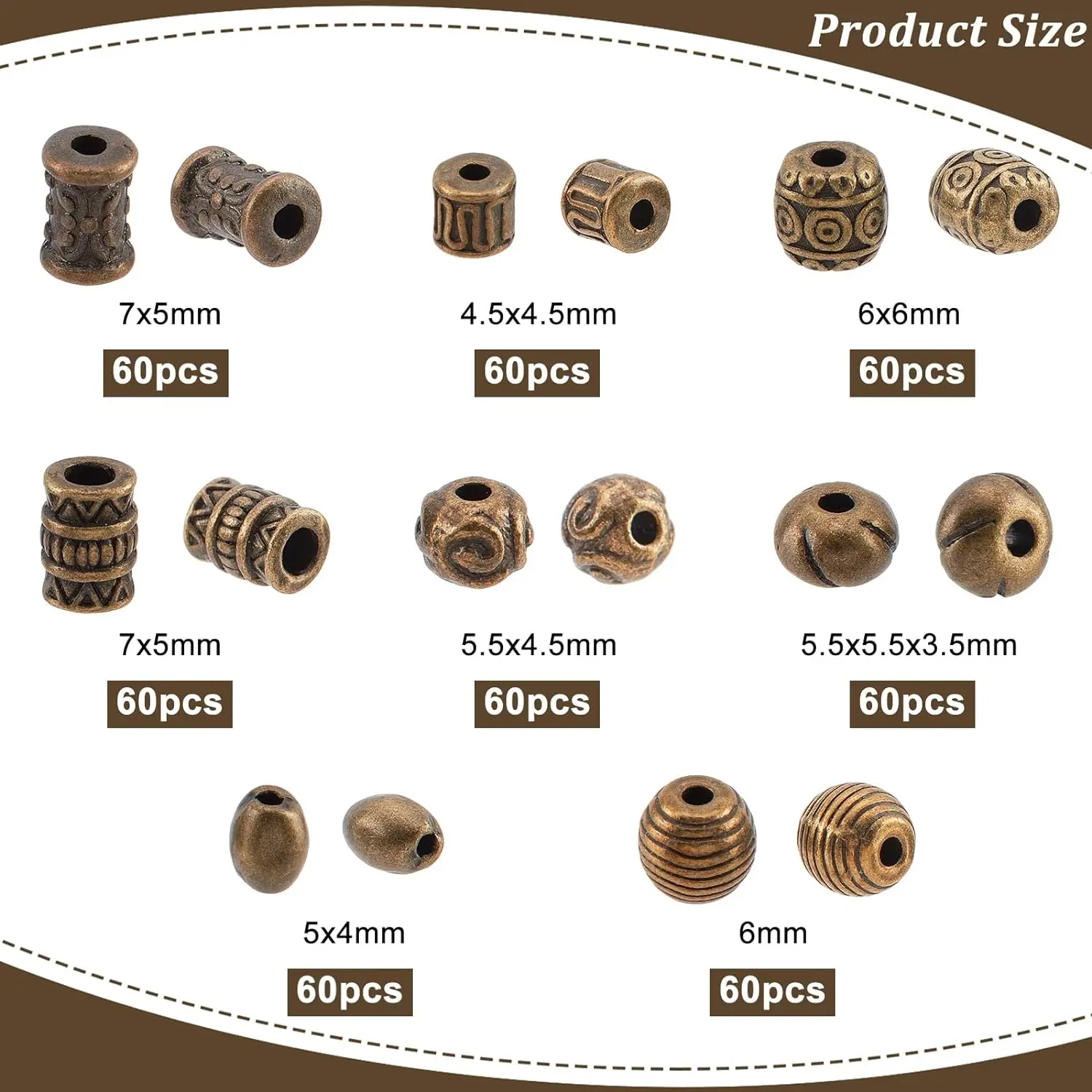 480Pcs Bronze Spacer Beads Tibetan Style Alloy Spacer Beads 8 Styles Tube Oval Round Metal Beads Barrel Round Column Spacer Bead