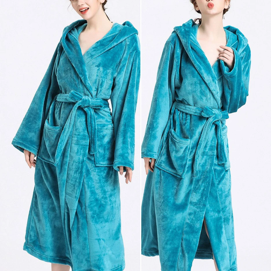 

Autumn Winter Female Robe Sleepwear Long Hooded Kimono Bathrobe Gown with Pockets Loose Warm Coral Fleece Home Dress Lounge Wear