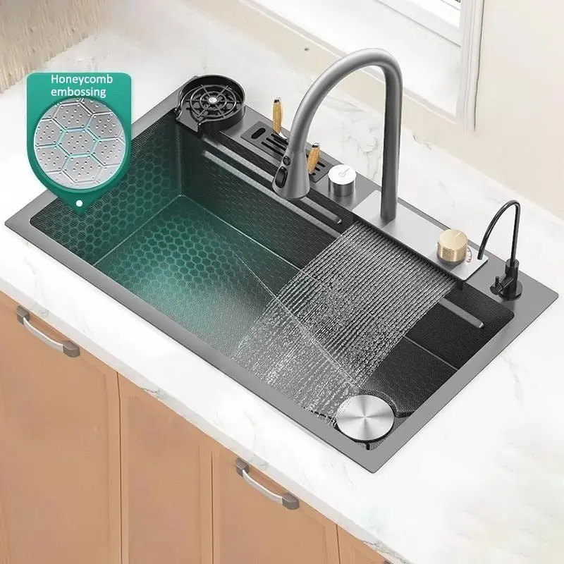 Stainless Steel Waterfall Kitchen Sink New Honeycomb Embossed Large Single Slot Apartment Wash Basin For Kitchen