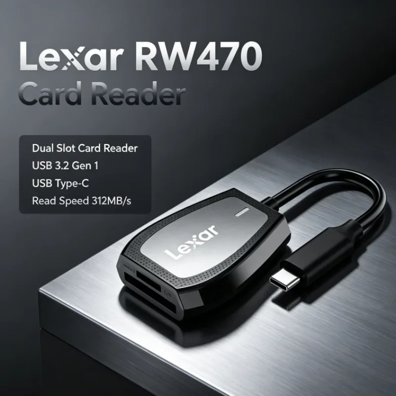 Lexar RW470 2-in-1 Type-C USB 3.2 Gen1 Dual Slot Card Reader SD microSD UHS-II Up to 312MB/s Read Speed for Photo Transfer