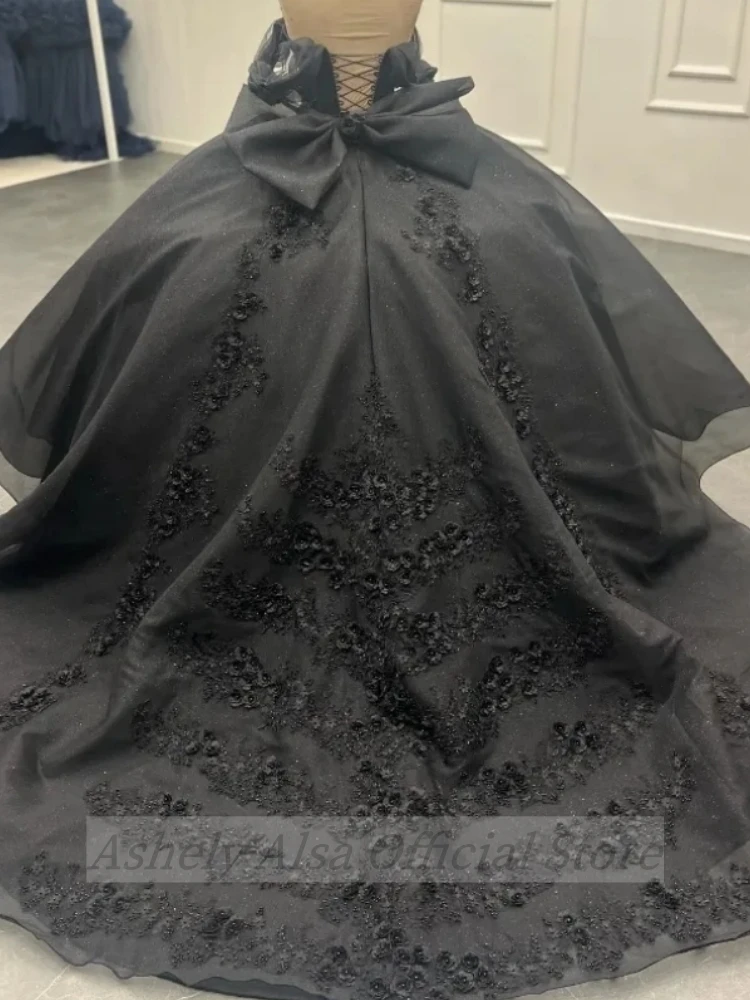 Real Picture Gothic Black Quinceanera Dresses Off Shoulder Lace Applique Bow Vetido De xv 15 Anos Prom Pageant Gown Sweet 14 16