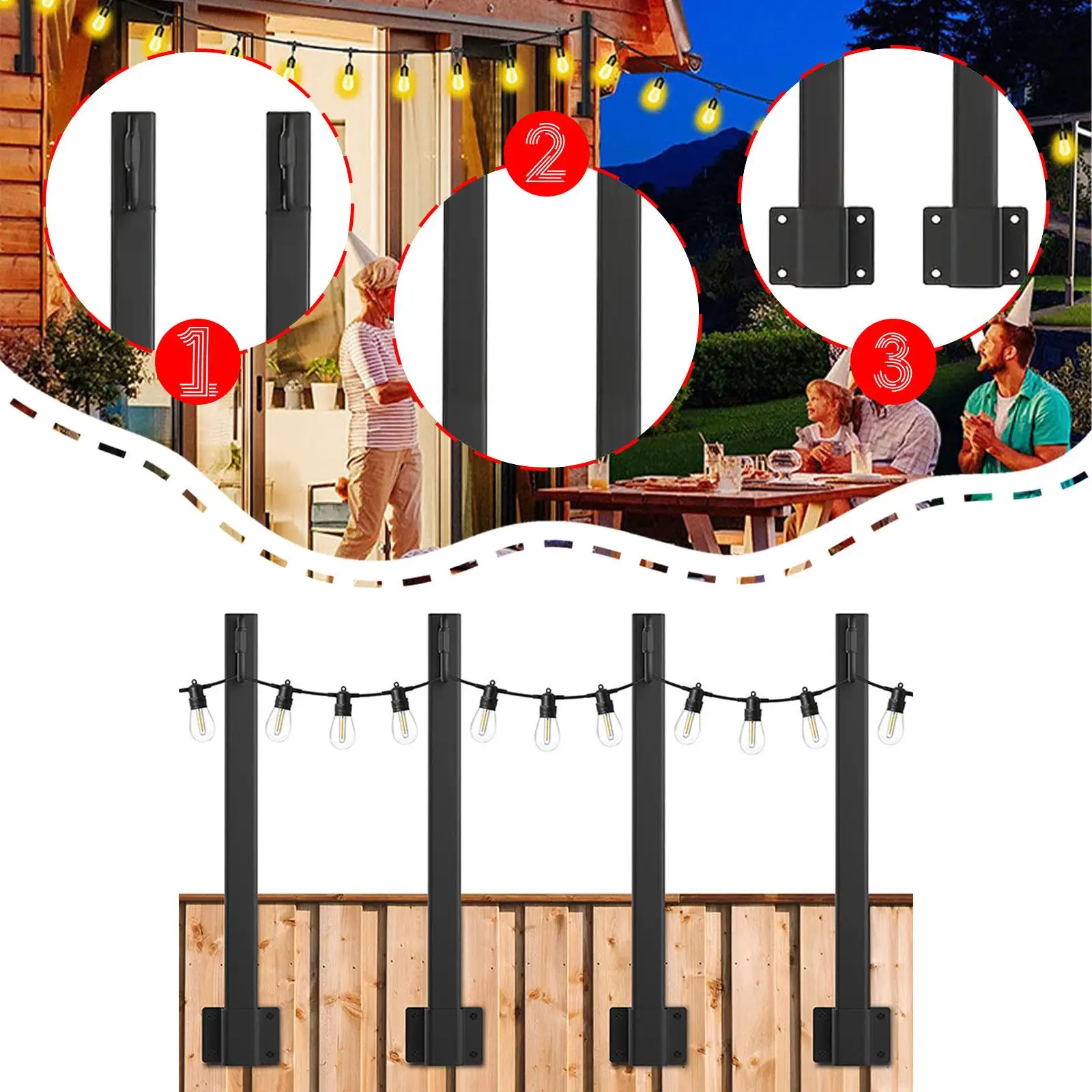 Black Iron String Light Poles Space Saving Pole Stand for Outdoor Patio Garden Light Decoration