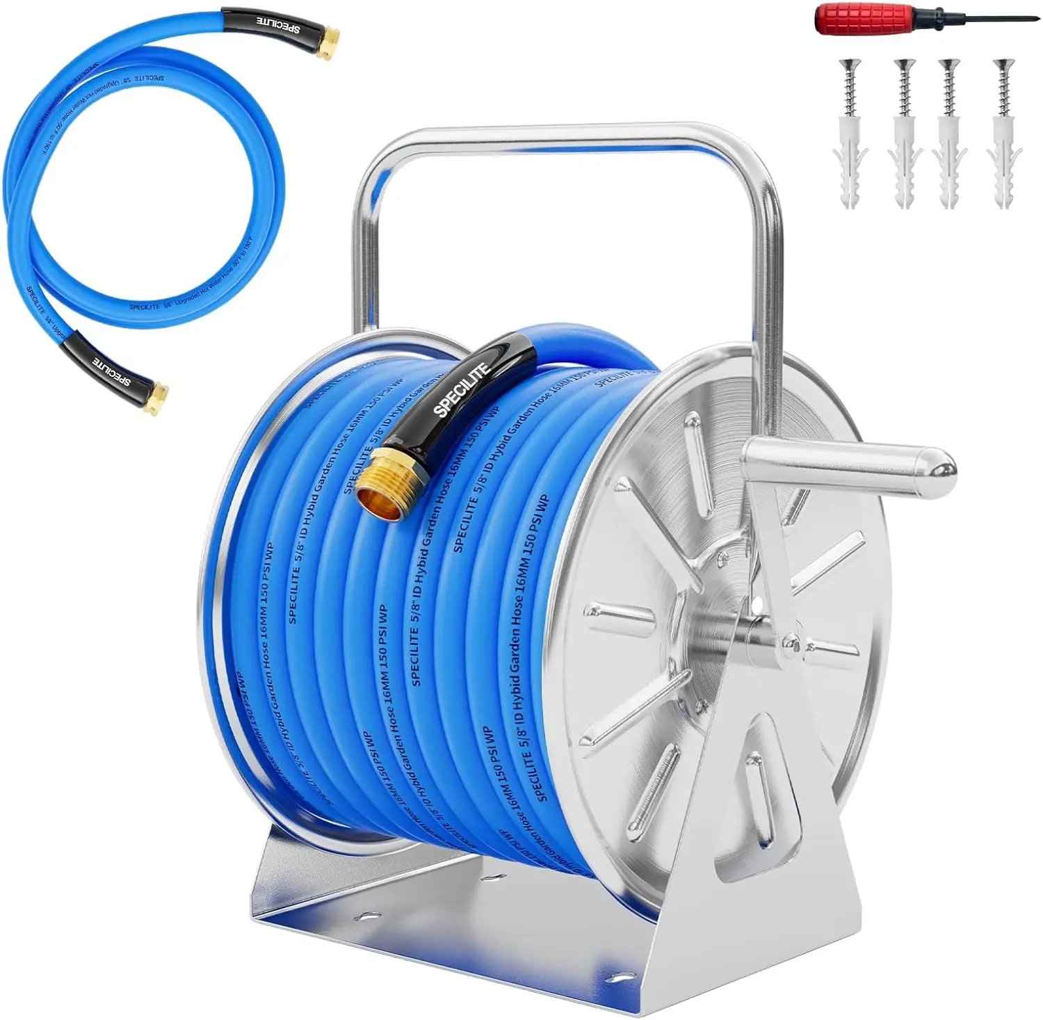 

Stainless Steel Garden Hose Reel with 5/8'' x Hot/Cold 75 FT Water Hose and 6FT Leader Pipe, -50℉ -190℉, Wall/Floor Metal Mounte