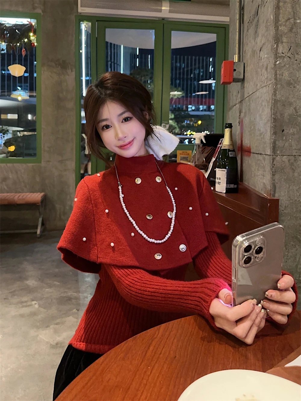 Celebrity Lady Black Red Knitted Cape Short Sweater Women 2pc Lining Shirt&Elegant Double Breast Shawl Cloak Top Two-piece Sets