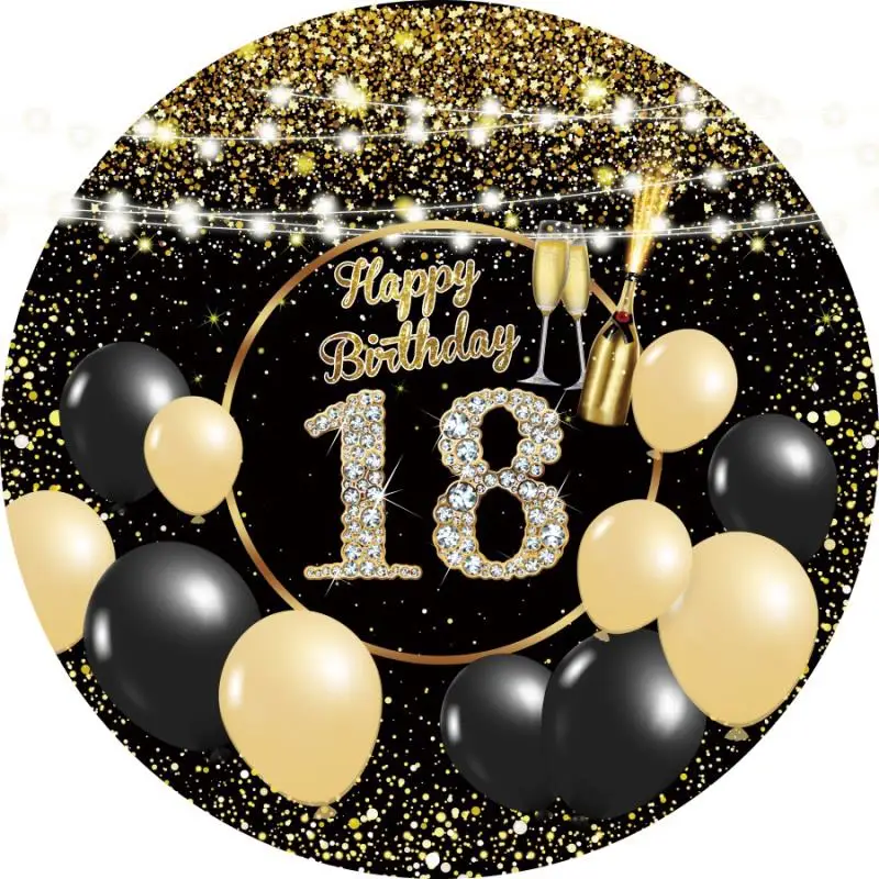 Happy 18th Birthday Round Backdrop Cover Gold Pink Black Balloon Girl Boy 18 Years Old Party Photography Background Photo Studio