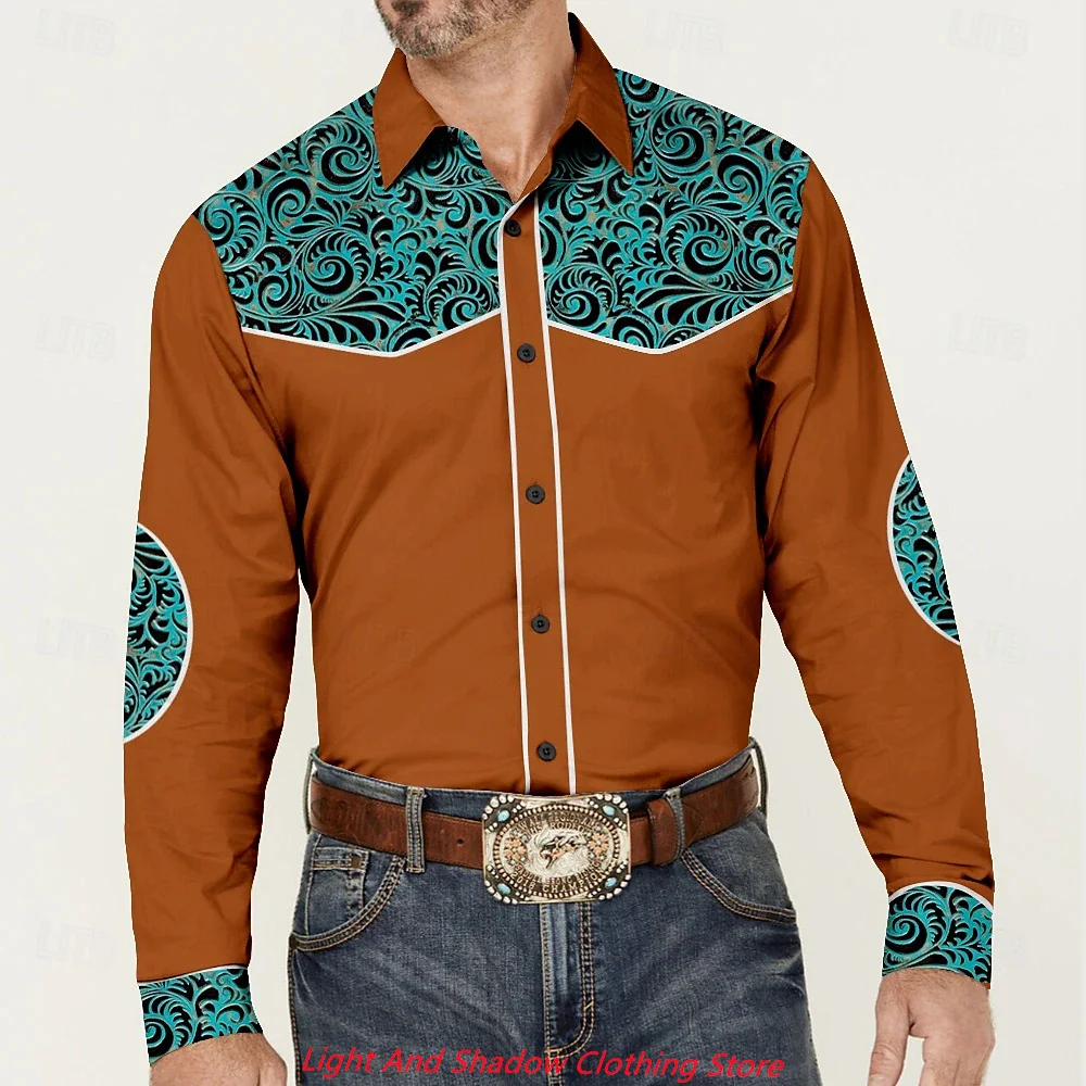 2025 Men's Flower Pattern Western Printed Shirt Cowboy Shirt Long Sleeve Casual Collar Button Men's Clothing XS-6XL