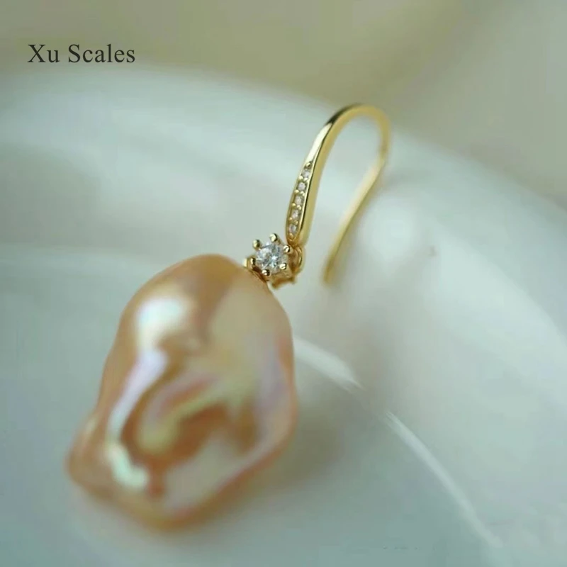 100% Natural Fish Tail Irregular Pearl Gold Orange Baroque Earrings S925 Sterling Silver Zircon Earhook Special Gift