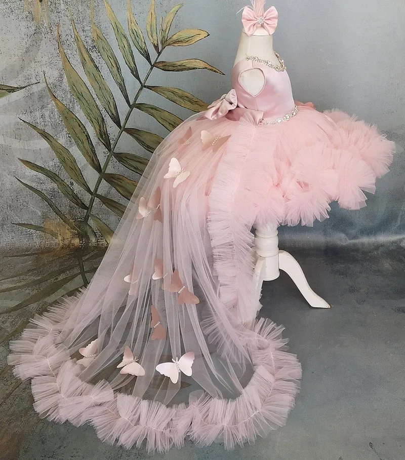 New Puffy Girl Dress Pink Baby Dress with Train Flower Girl Dress Bow Cute Kid's Child Birthday Dresses Frist Communion