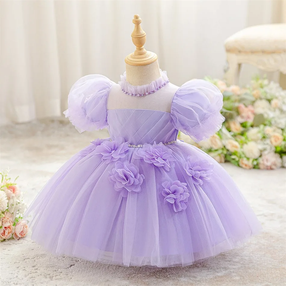 Purple Tulle Flower Girl Dress Puff Mesh Short Sleeve Beaded Neckline Princess Tutu Gown Kid Birthday Baptism Formal Dress ASQ03
