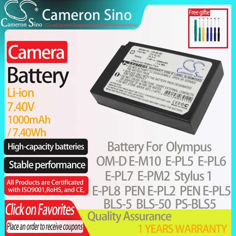 CameronSino – batterie pour appareil photo numérique Olympus OM-D, E-M10, E-PL5, E-PL6, E-PL7, E-PM2, stylet 1 E-PL8, compatible avec Olympus BLS-5