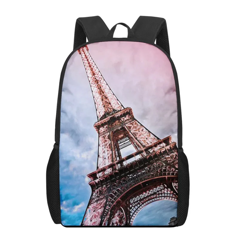 Torre eiffel paisagem impressão sacos de livro para meninos meninas crianças saco escolar casual mochila ombro elegante adolescente armazenamento