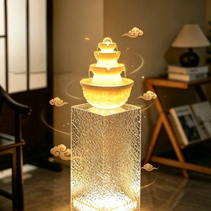Freestanding Tiered Water Flow Ornament Elegant Textured Base Fine Craft Indoor Hall Living Room Entry Lobby Home Water Decor