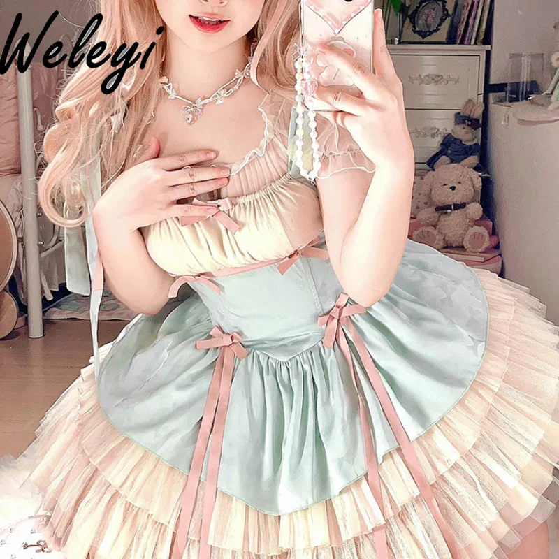 

Lolita Mint Green Pink Bow Mini Dress for Women 2024 Summer New Princess Short Sleeve Small Ribbon Short SP Dresses Ladies