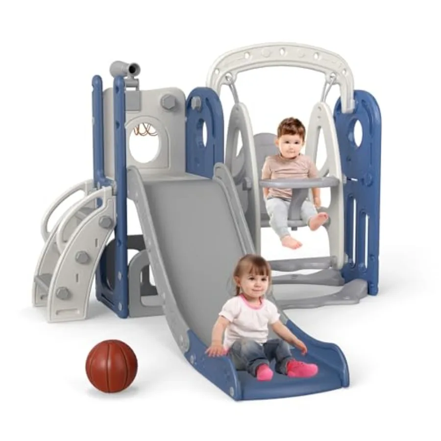 

Toddler Swing and Slide Set - Indoor Outdoor Baby Slide for Toddlers 1-3 Toddler Playground with Basketball Hoop and Storage Sa