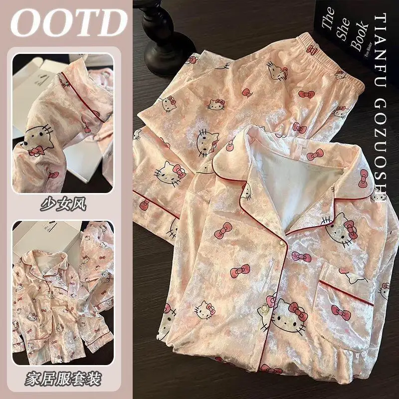 

Женский пижамный комплект Sanrio Hello Kitty, одежда для сна, бархатная домашняя одежда для осенне-зимнего сезона, новый корейский стиль, модный дизайн с милым принтом