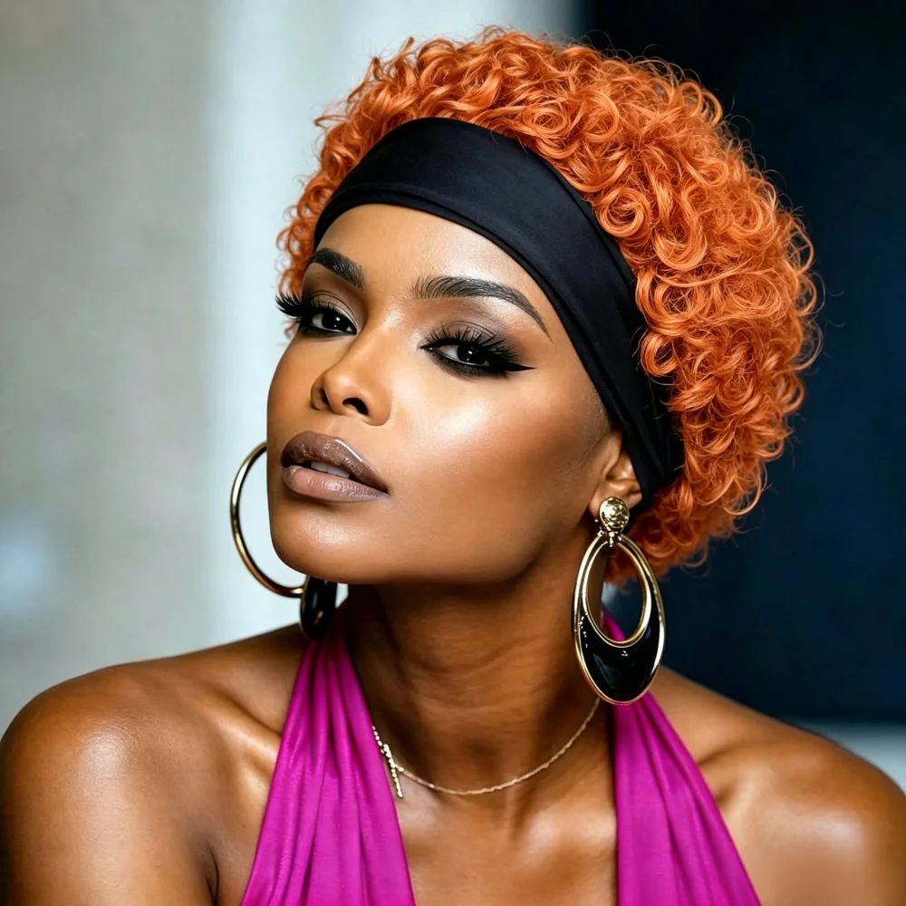 Vibrant Orange Kinky Curly Headband Human Hair Wig, Full Machine Made Soft Bouncy Short Curly Wig, Easy Install Fashion Headband