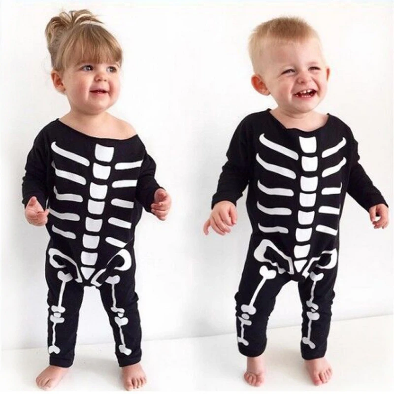 Halloween Skull Romper Bodysuit Baby Boys Girls Clothes Black Stripes Long Sleeve Halloween Skeleton Outfit for 3-36 Months