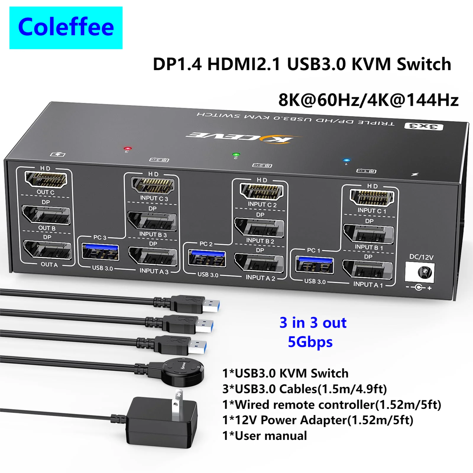 

NEW 2 Displayport + HDMI USB 3.0 KVM Switch 3 Monitors 2/3 Computers, 8K@60Hz 4K@144Hz Triple Monitor KVM with 4 USB 3.0 Ports