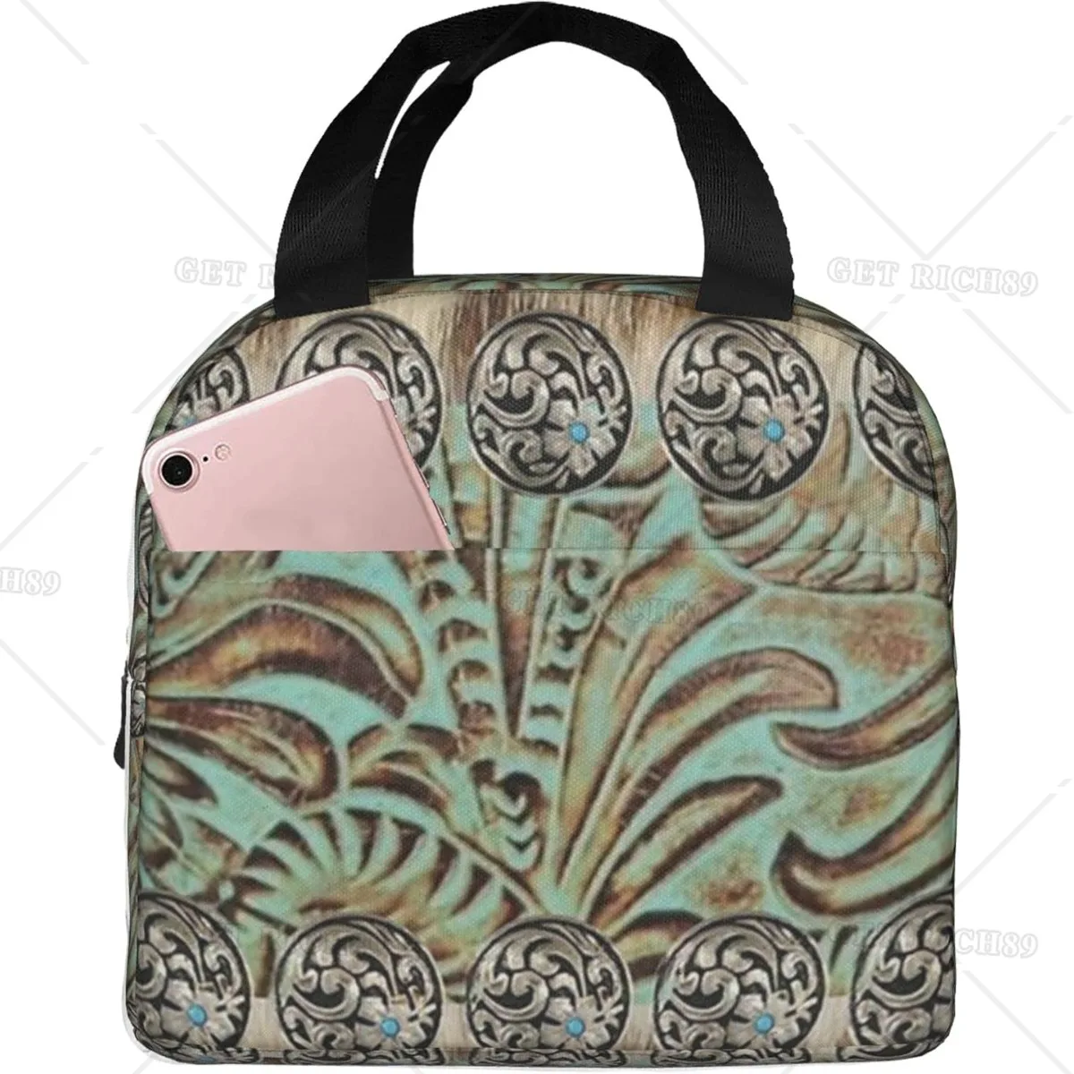 Rustic Brown Teal Western Country Tooled Leather Lunch Bag Lightweight Insulated and Reusable Lunch Box for Women Men Work