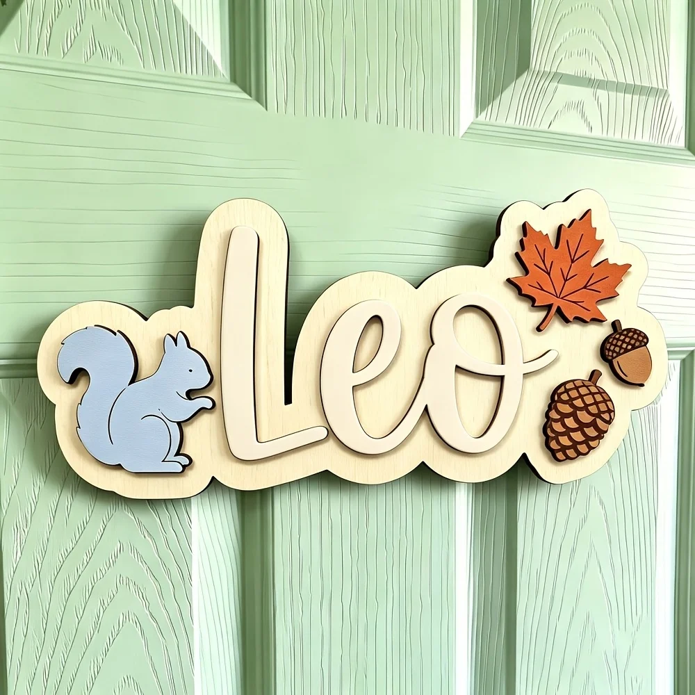 1Pc Wooden Double-Layer Custom Name Squirrel Maple Leaf Acorn Pattern Door Plaque, Room Door Sign Wall Hanging,Creative Ornament
