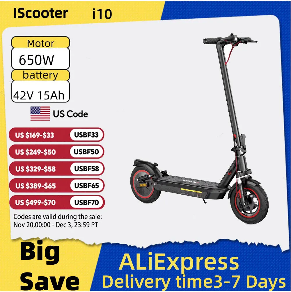 

ISCOOTER I10 E Scooter for Adults 650W Motor Foldable Electric Scooter 42V15AH 10 Inch Tires City Commuter Electric Scooter