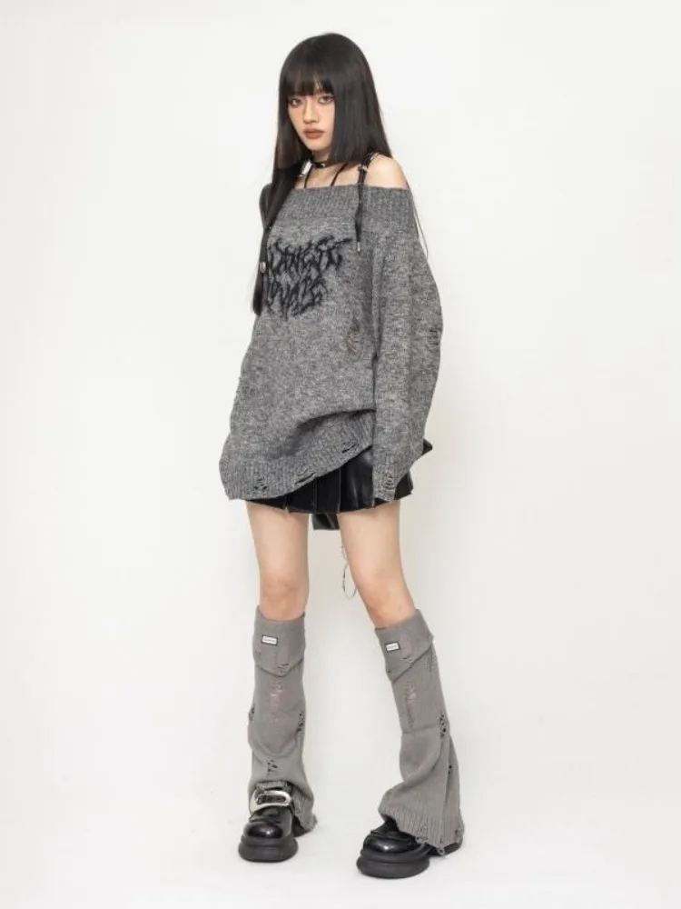 

Kimutomo Knitted Sweater Women Autumn Winter Slash Neck Loose Off Shoulder Pullover Y2k Harajuku Female Vintage Jumper