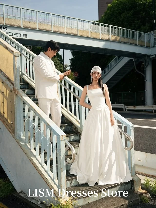 LISM Square Collar Simple Korea Wedding Dresses Customize A-Line Photo Shoot Silk Satin Bridal Gowns 웨딩드레스 Corsets Back