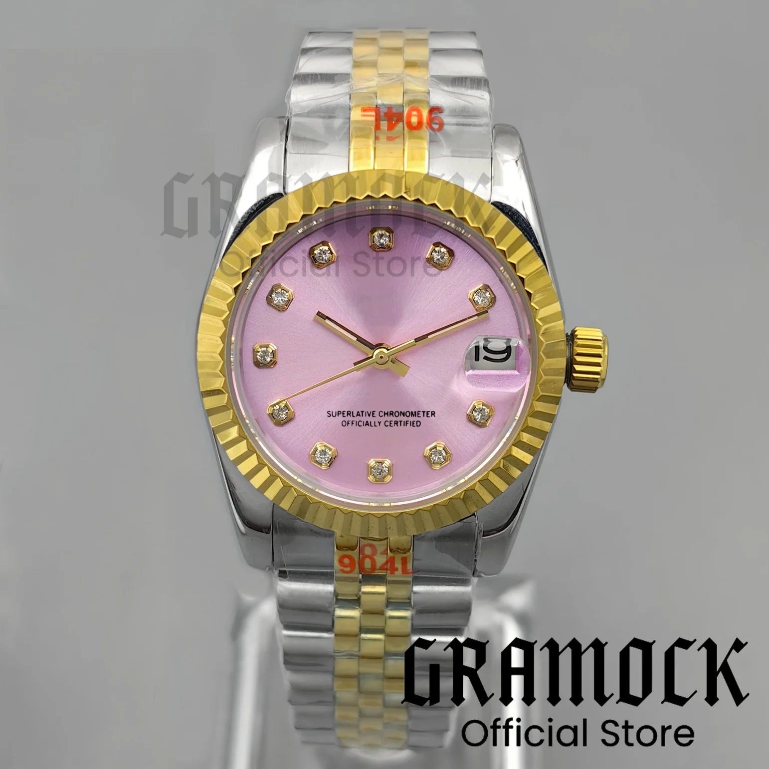 

Gramock 31mm Lady's Luxury Two Tone Gold NH15A Movement Mechanical Watch Pink Dial Sapphire Glass Waterproof Steel Jubilee Strap
