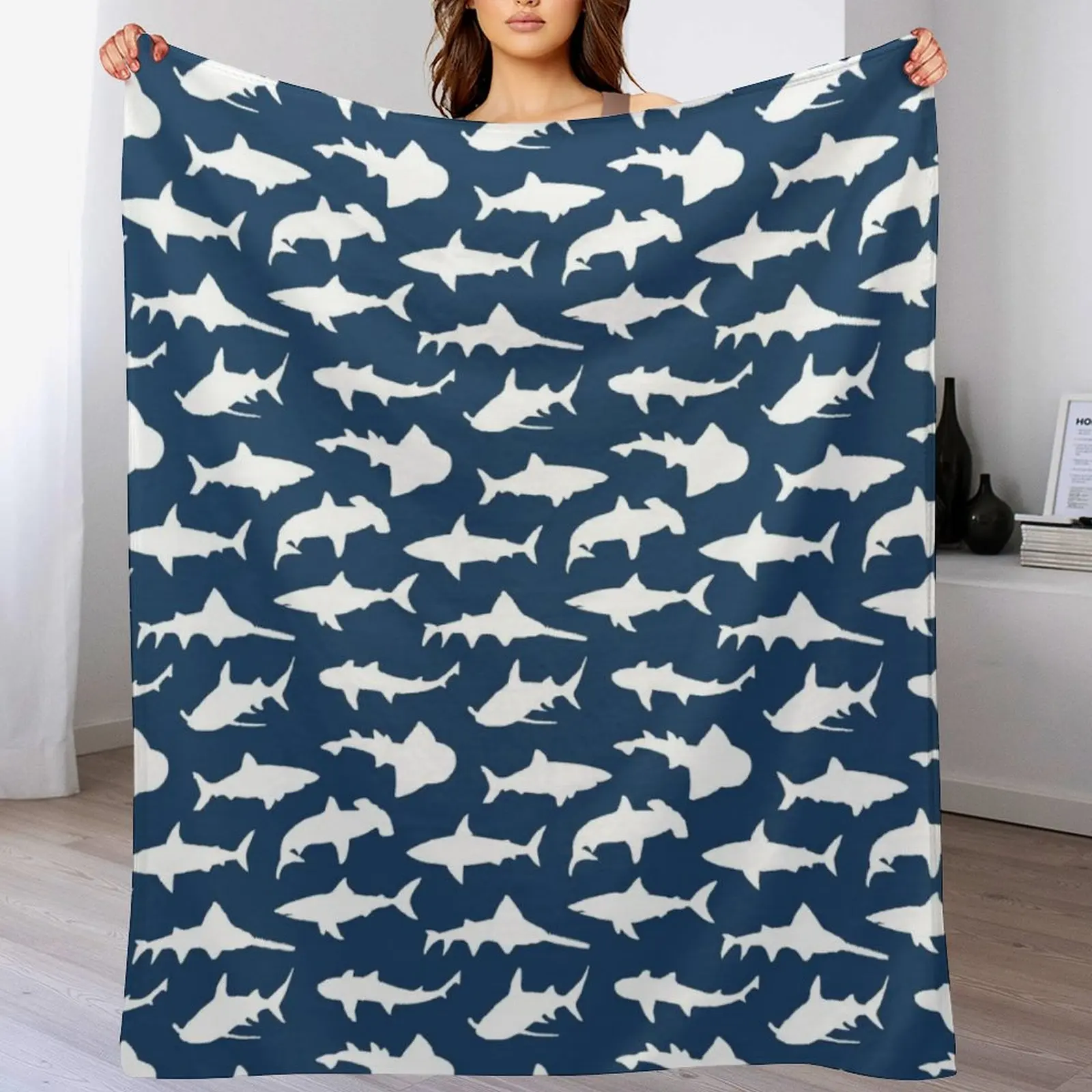 Sharks on Navy Blue Throw Blanket for sofa Sofa Throw Blankets