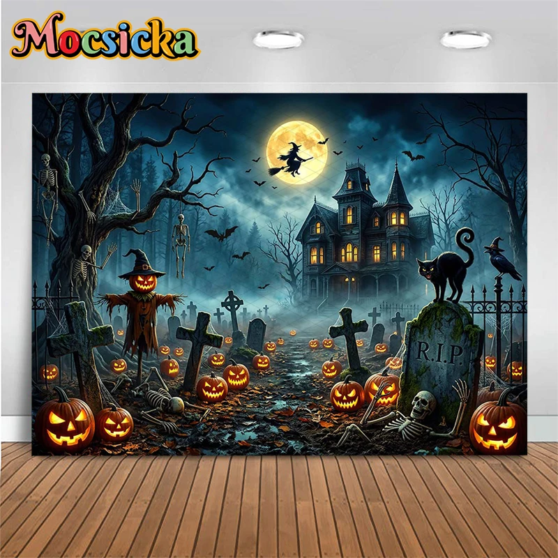 Mocsicka - Fondos Fotográficos de Castillo, Decoración para Fiesta de Halloween con Calabazas, Bosque, Esqueleto, Cruz, Tumba, Cementerio, para Estudio Fotográfico