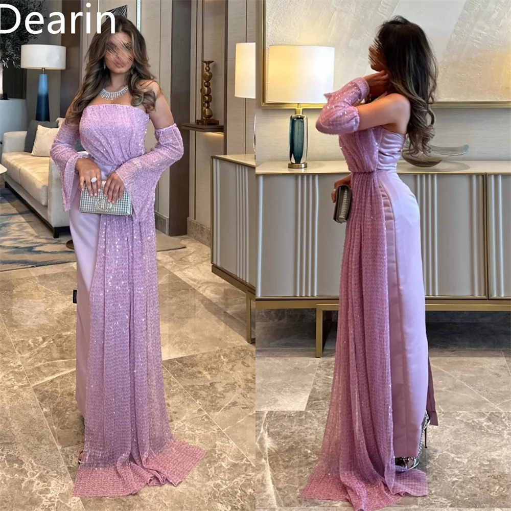 Customized Evening Gown Dearin Strapless Column Floor Length Skirts Draped Tulle Sequin Ruffle Bespoke Occasion Dresses Saudi Ar