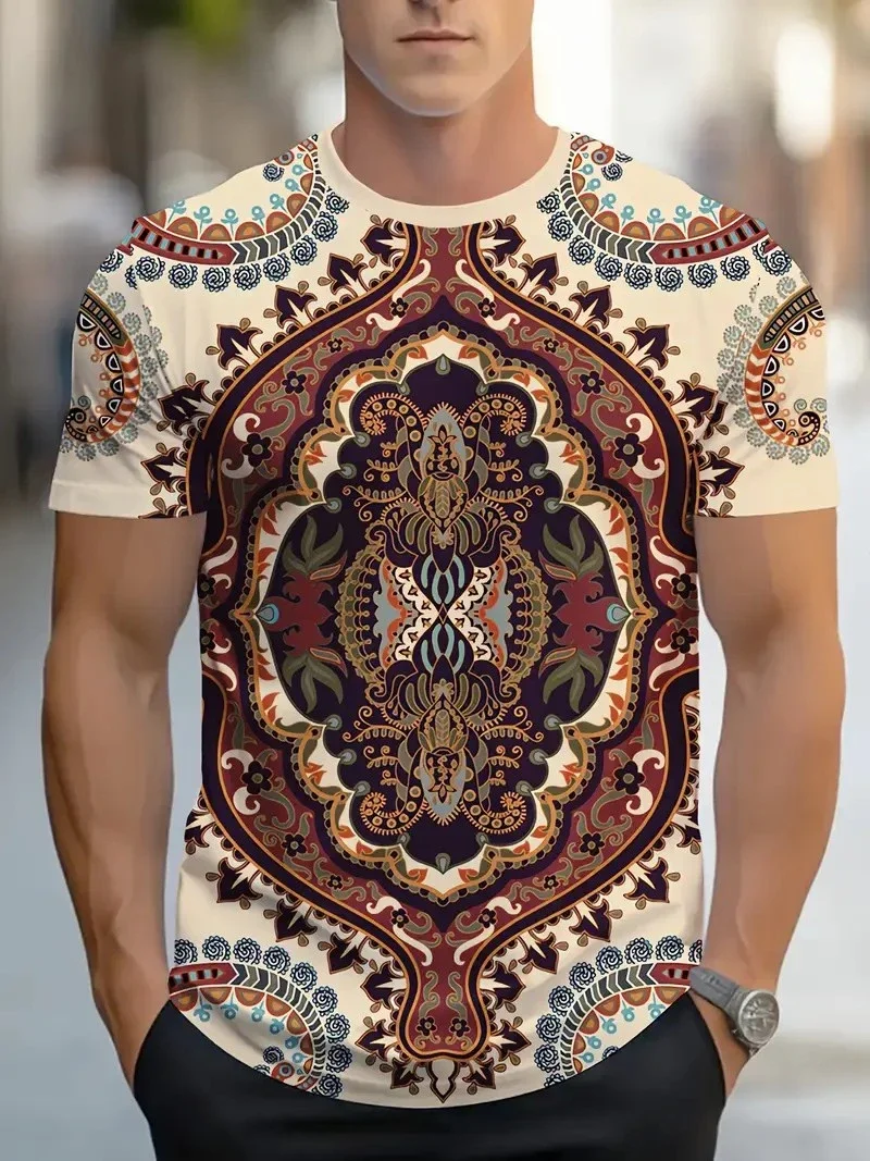 Herren T-Shirt mit Verziertem Paisley-Druck Lässiges Rundhals-Kurzarm-Shirt Ethnische Bohemian Grafik-Tops für Stylische Streetwear
