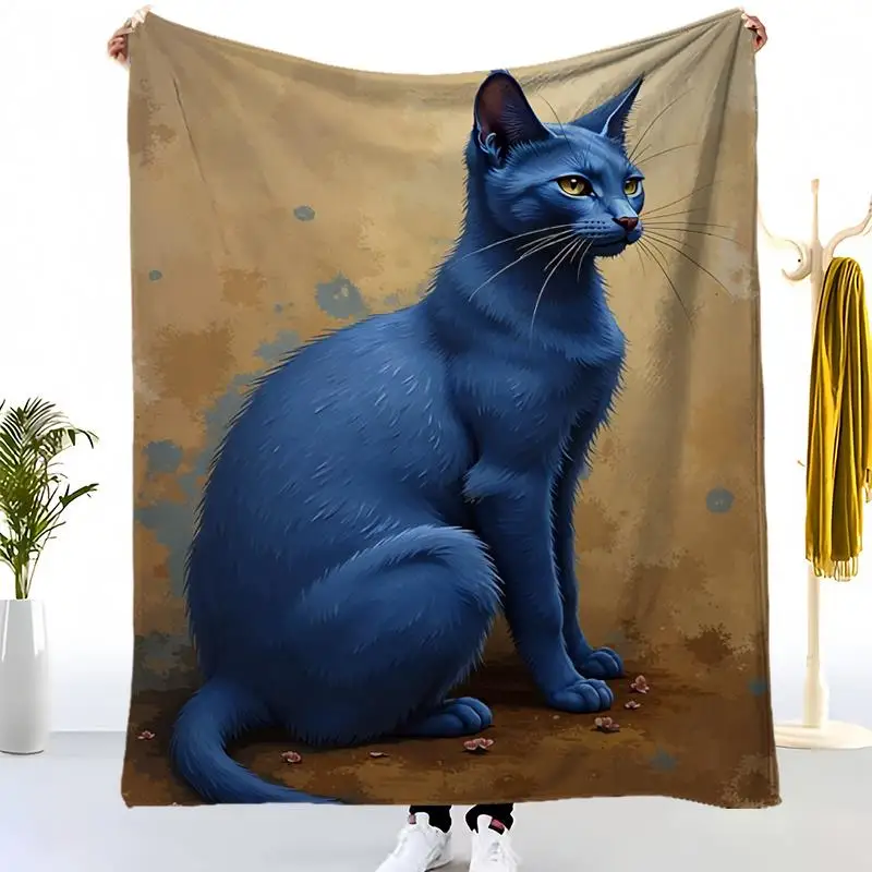 1pc Super King Size British Shorthair Cat Print Blanket - Turquoise Blue & Golden Luxury Bedspread, Plush  Flannel-Soft