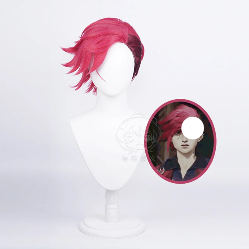 Game LOL Arcane Vi Cosplay Wig VI Deep Rose 30cm Short Heat Resistant Synthetic Hair Role Play Anime Wigs + Wig Cap