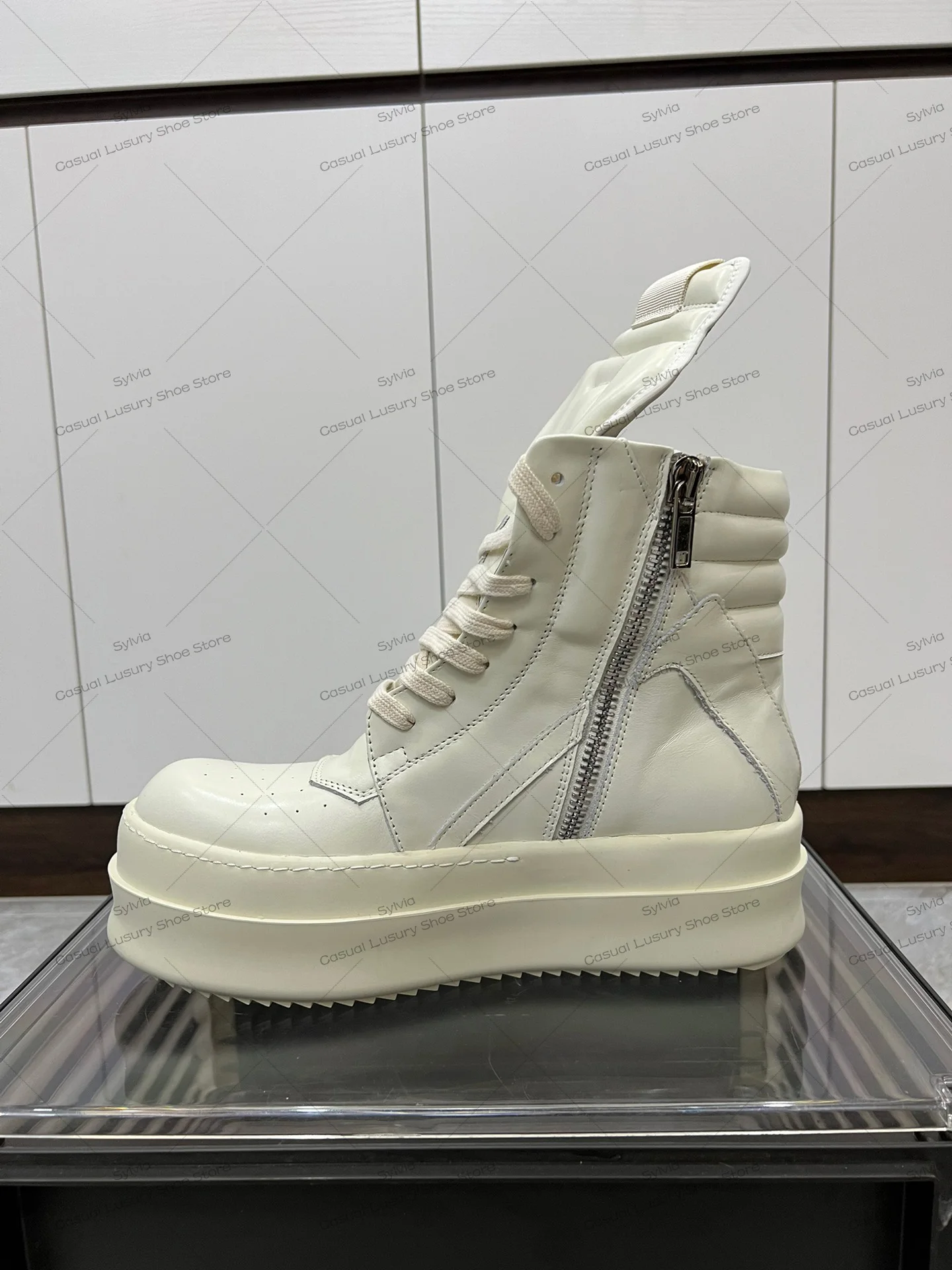 

Ricks Men Luxury Casual Shoes Owen Casual Sneaker With Beige White Platform Ivory Cowhide Inverted Triangle Lace-Up Zipper Boots