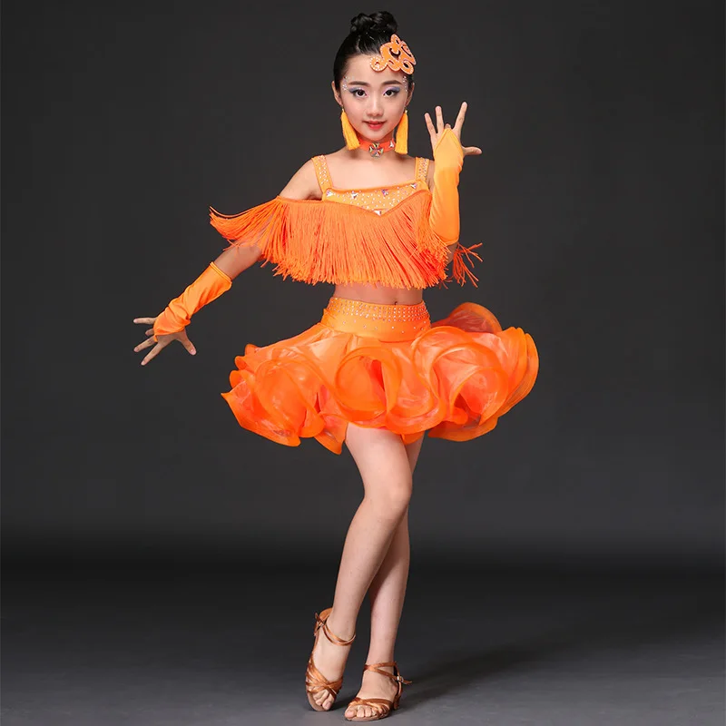 Set Diamond Fringe Tassels Latin Dance Dress Ballroom Costume Kids Latin Dress Costume for Girls Dance Competition Dancing Wear