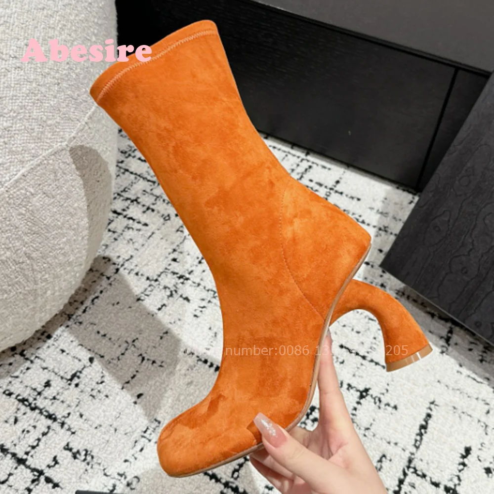 Strange Style Suede Sock Boots Orange Round Toe Side Zipper Women's Ankle Boots Solid Luxury Brand New 2024 Winter Shoes Casual