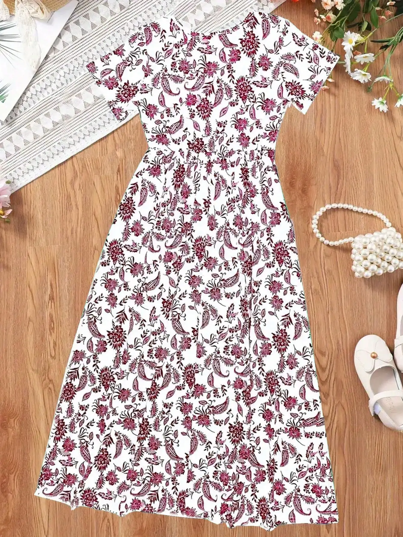 Mädchenkleid im Bohemian-Stil mit Paisley-Muster, Kurzarm, Mittellang, Lässiges Sommerkleid, Urlaubsgeschenk 2026 – Detail 13