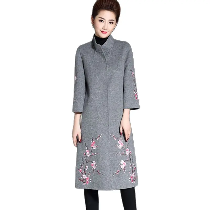 Chinese Embroidery Slimming Coat for Women, Beautiful National Traditional Long Jacquard Flowers, Stand Collar Woolen Coat, Gray