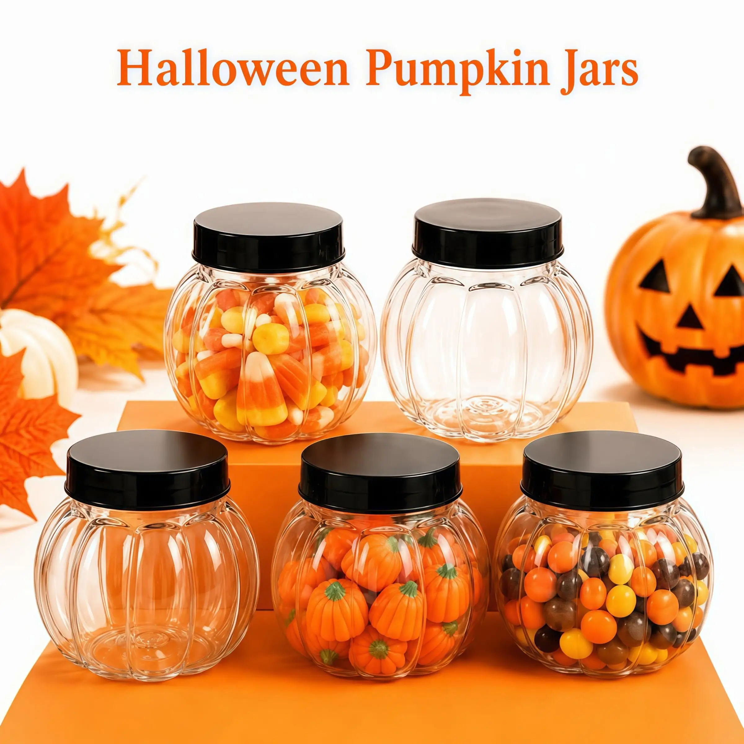 5Pcs 150ml Pumpkin Jar Transparent Plastic Jar With Lid Candy Cookies Grain Tea Seasoning Storage Container Kithchen Supplies