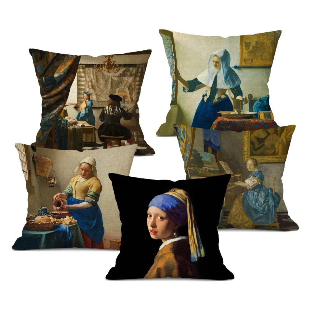 1pcs/Set Girl With Pearl Earrings Decorative Cushion Cover Oil Painting Art Decorative Linen Pillow Case for Home Decor