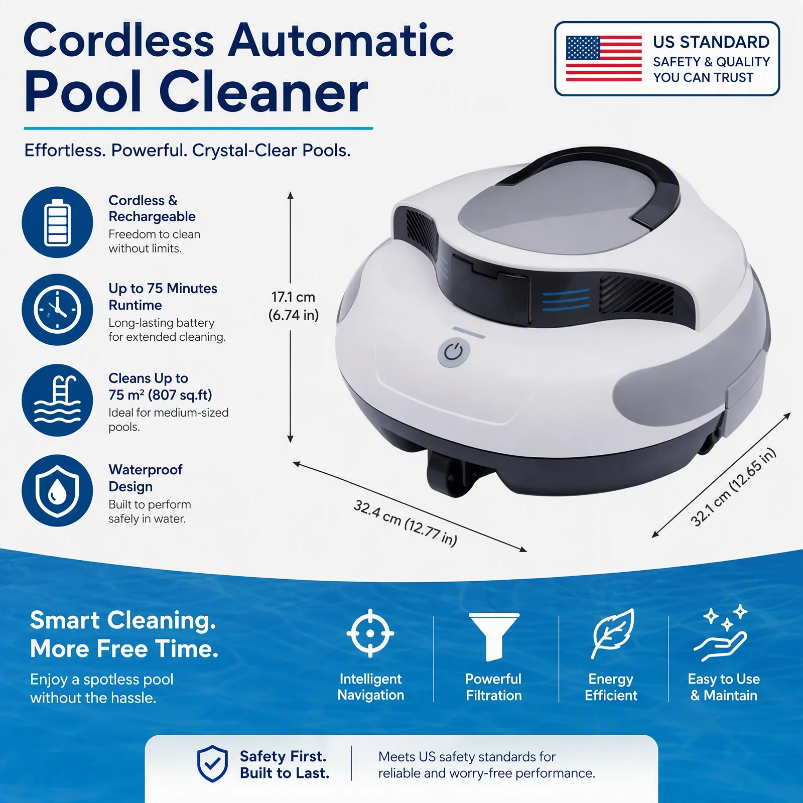 Automatic Pool Cleaning Machine - Battery-Powered Cordless Robotic Cordless Pool Vacuum Cleaner with Powerful Dual Brushless Motors, 75 Mins Runtime, Self-Parking, Automatic Robot Cleaners for Inground Flat Pools up to 807ft²