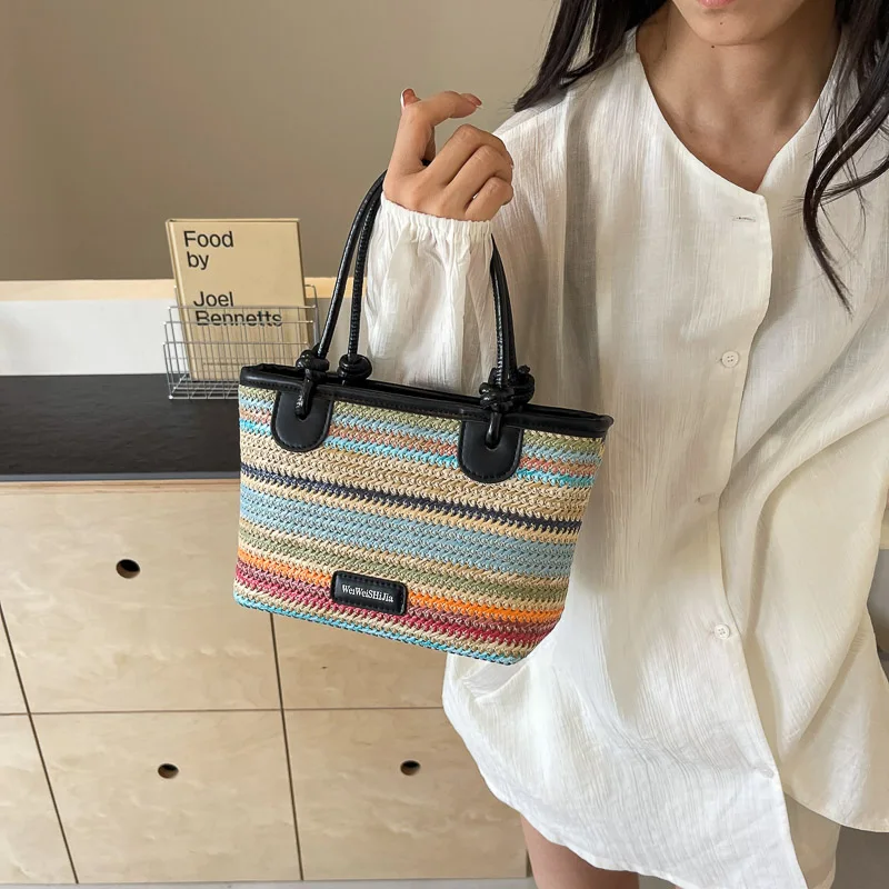 MOODS Straw Woven Design Top-Handle Bags Women Rainbow Color Summer Beach Shoulder Crossbody Bags 2024 Luxury Designer Handbags