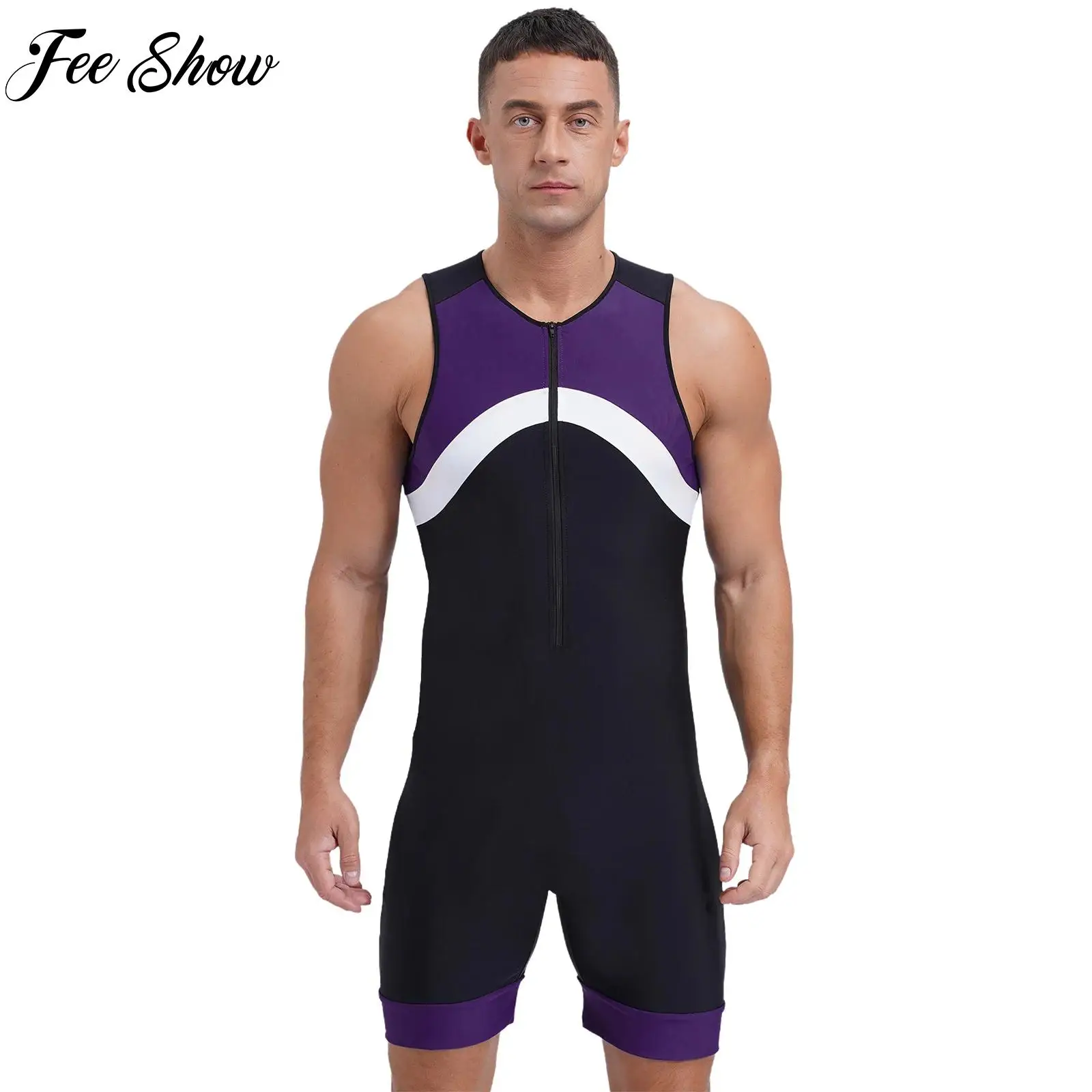 

Mens Swimming Sports Jumpsuit One-Piece Swimwear Contrast Color Sleeveless Zipper Rowing Shorts Bodysuit Workout Surfing Cycling