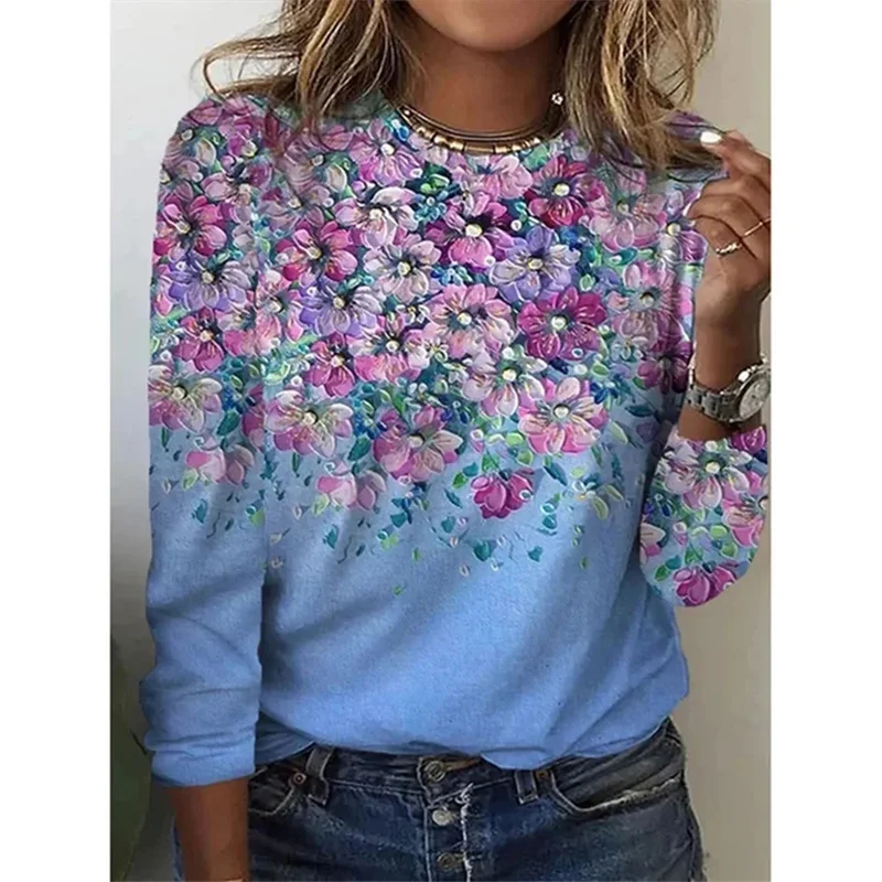 Fashion Colorful T Shirts For Women Fashion Casual Street Long Sleeve Tops O Neck Pullovers Florals 3D Women Tshirts Clothes